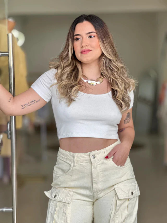 Calça jeans cargo jany