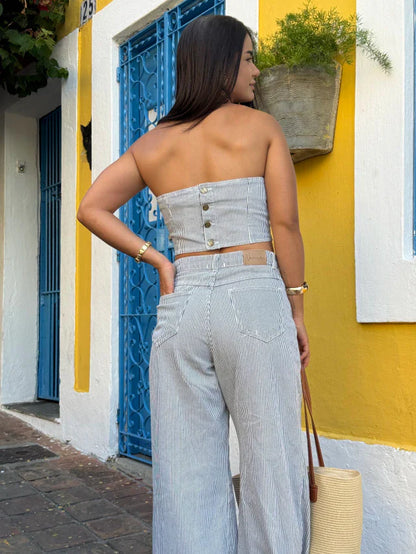 Calça jeans listrada
